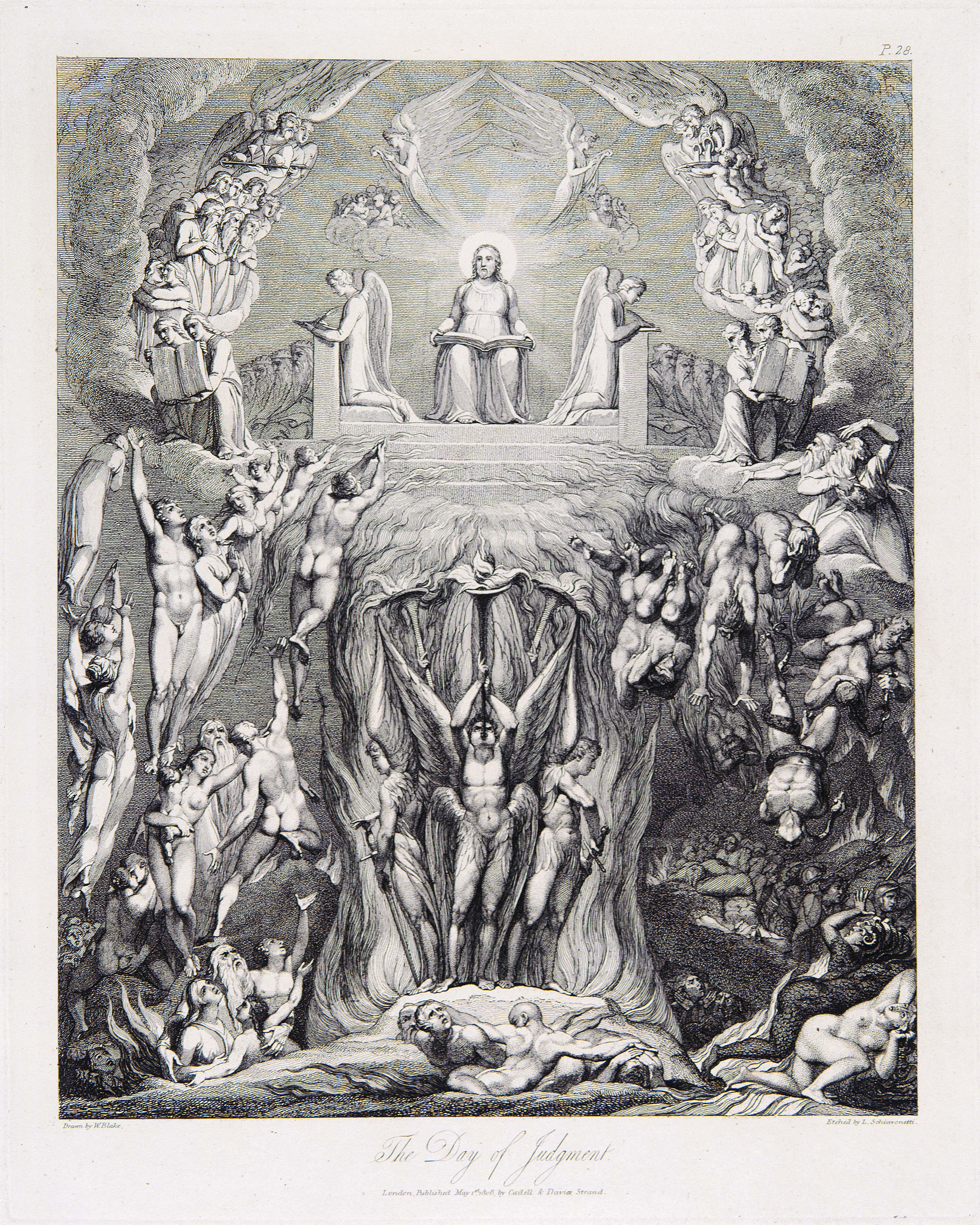 P.28.
			Drawn by W. Blake.
			Etched by L. Schiavonetti.
			The Day of Judgment.
			London, Published May 1st. 1808, by Cadell & Davies, Strand.